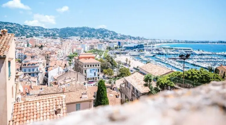 The tiled rooftops of Le Suquet above the bay at Cannes